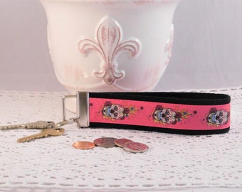 Keychain Wristlet Made With Sugar Skull Inspired Ribbon