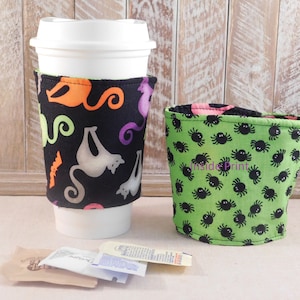 Coffee Sleeve Made With Halloween Cat And Bat Themed Fabric