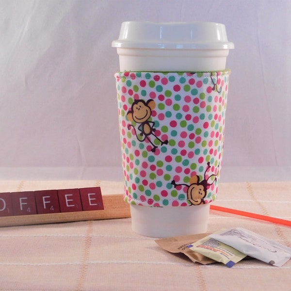 Adorable Polka Dot and Monkey Slide-On Coffee Cozy