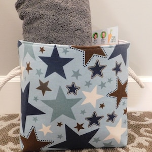 Blue, Brown And White Star Themed Fabric Basket With Handles