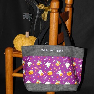 Smaller Halloween Trick-or-Treat Tote Bag In Purple Halloween Character Fabric