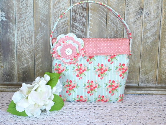 Sac à main pour petite fille en tissu floral menthe et rose -  France