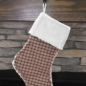 Dark Red And Tan Plaid Homespun Christmas Rag Stocking