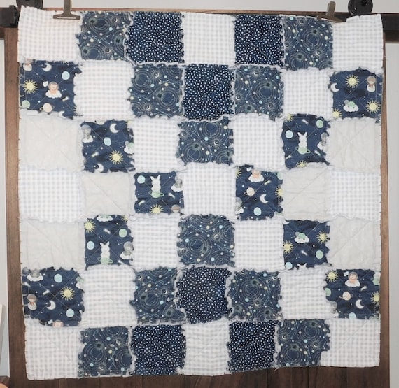 Baby Rag Quilt Made With Navy and Gray Space Inspired Fabrics