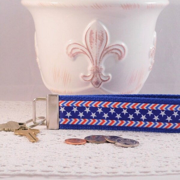 Keychain Wristlet Made With Stars and Stripes Red, White and Blue Ribbon