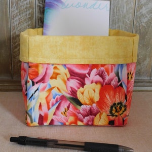 Fabric Basket Made With Bright Colored Floral Fabric