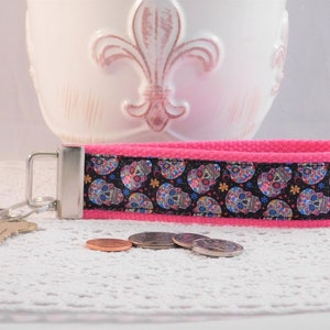 Keychain Wristlet Made With Sugar Skull Inspired Ribbon