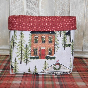 Fabric Basket Made With Primitive House Print Christmas Fabric