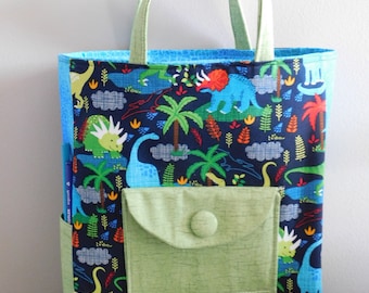 Children&#39;s Tote Bag Made With Blue And Green Dinosaur Fabric