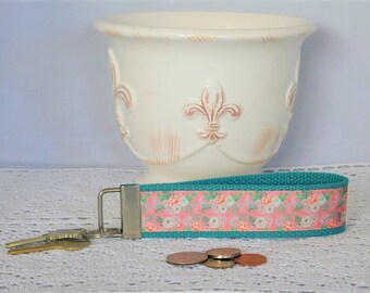 Key Chain Wristlet Made With Light Teal And Coral Floral Ribbon