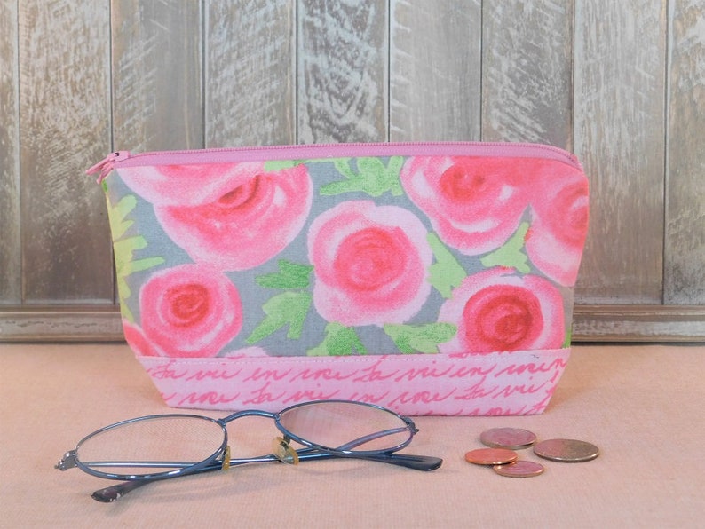 Zipper Pouch Made With Pink and Gray Rose Print Fabric