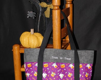 Halloween Trick-or-Treat Bag Made with Purple Halloween Print Fabric