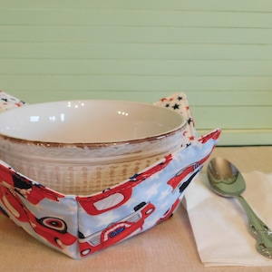 Microwave Bowl Cozy Made With Patriotic Red Truck Fabric