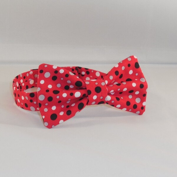 Boy's Red, White, Gray and Black Polka Dot Bow Tie With Adjustable Hook and Loop Closure