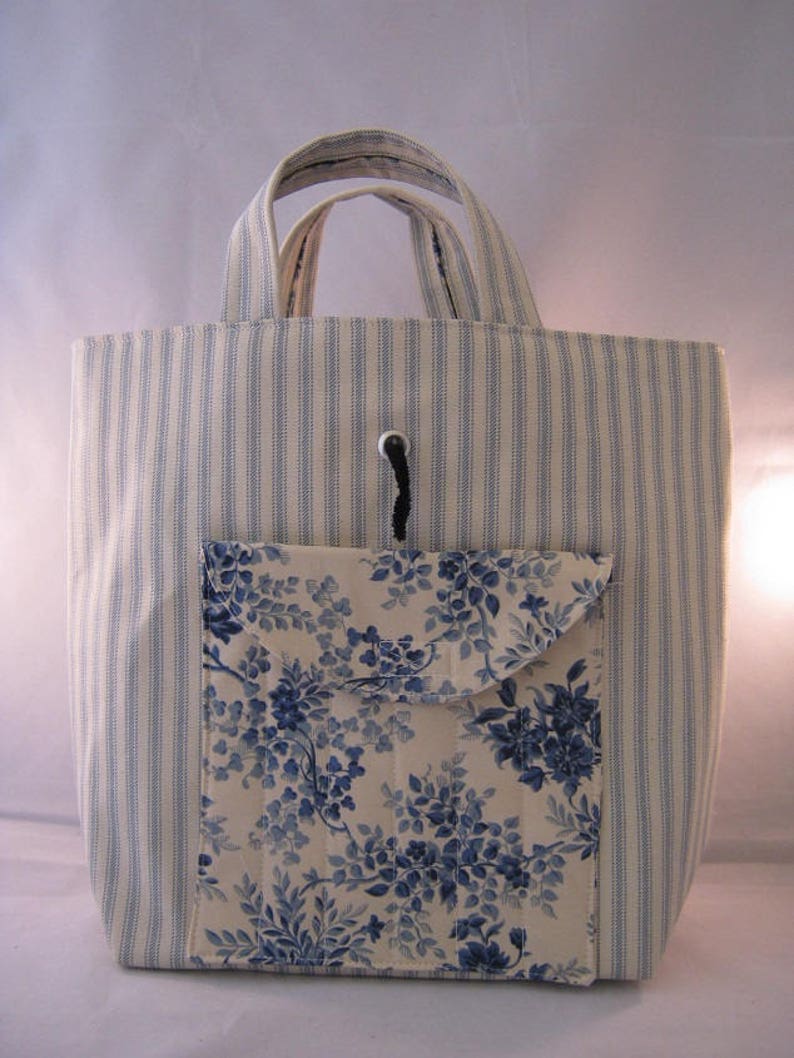 Blue And Cream Ticking And Floral Crochet Tote Bag