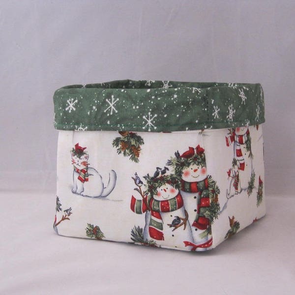 Green And White Snowman Themed Fabric Basket For Storage Or Gift Giving