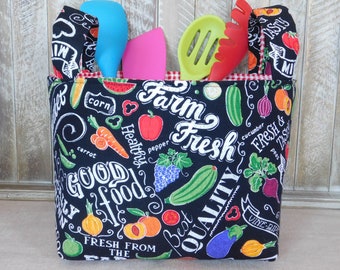 Black Chalkboard Vegetable Themed Fabric Basket With Handles For Kitchen Storage Or Gift Giving