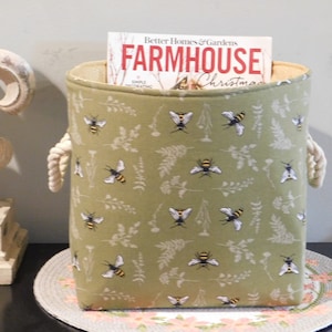 Green Bee Print Fabric Basket With Handles