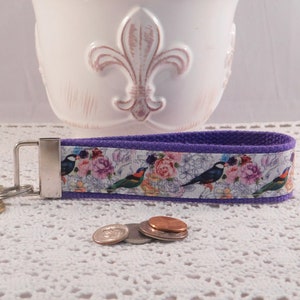 Key Chain Wristlet Made With Bird And Rose Print Ribbon