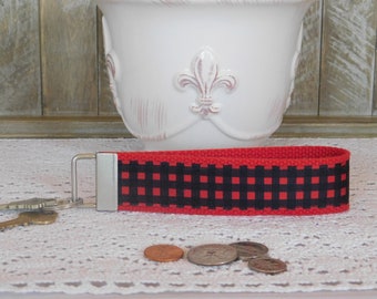 Key Chain Wristlet Made Red and Black Check Ribbon