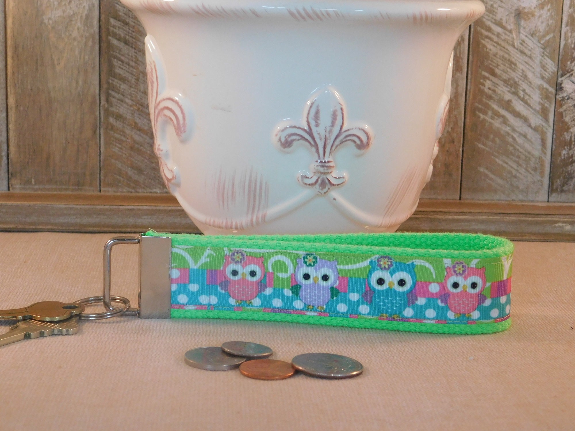 Key Chain Wristlet Made With Pastel Owl Inspired Ribbon