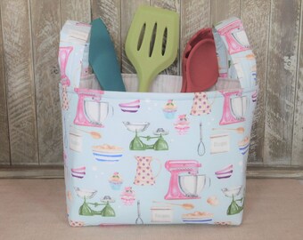 Panier en tissu à thème de cuisine avec poignées en tissu de cuisson bleu clair