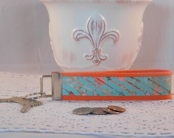 Keychain Wristlet Made With Aqua and Orange Arrow Print Ribbon