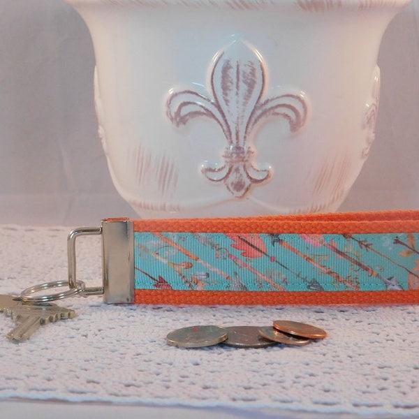 Keychain Wristlet Made With Aqua and Orange Arrow Print Ribbon