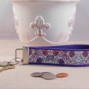 Key Chain Wristlet Made With Purple Flower Print Ribbon