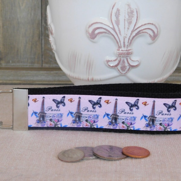 Key Chain Wristlet Made With Paris Eiffel Tower With Butterflies Ribbon