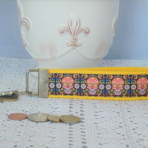 Key Chain Wristlet Made With Sugar Skull Inspired Ribbon- Design 3