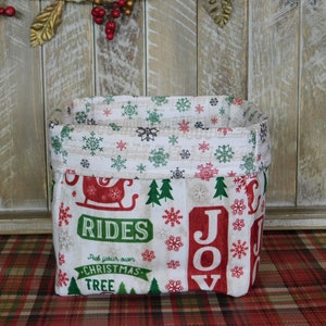 Fabric Basket Made With Cream, Red And Green Christmas Print Fabric