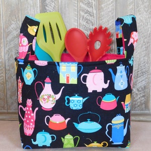 Kitchen Storage Basket With Handles In Black Teapot Inspired Fabric