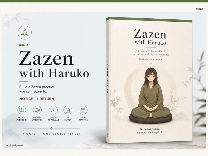 May include: A digital workbook titled Zazen with Haruko featuring a 30-page layout, English language text, and a 7-day practice guide. The cover displays an illustration of a person in a green robe sitting on a cushion with the text Notice Return.