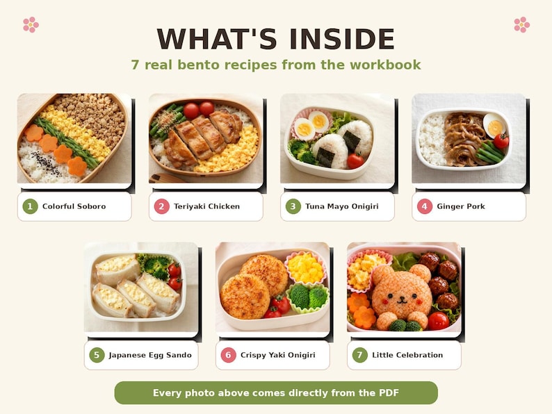 May include: An informational graphic titled WHAT'S INSIDE 7 real bento recipes from the workbook, displaying seven distinct bento box meals: Colorful Soboro, Teriyaki Chicken, Tuna Mayo Onigiri, Ginger Pork, Japanese Egg Sando, Crispy Yaki Onigiri, and Little Celebration.