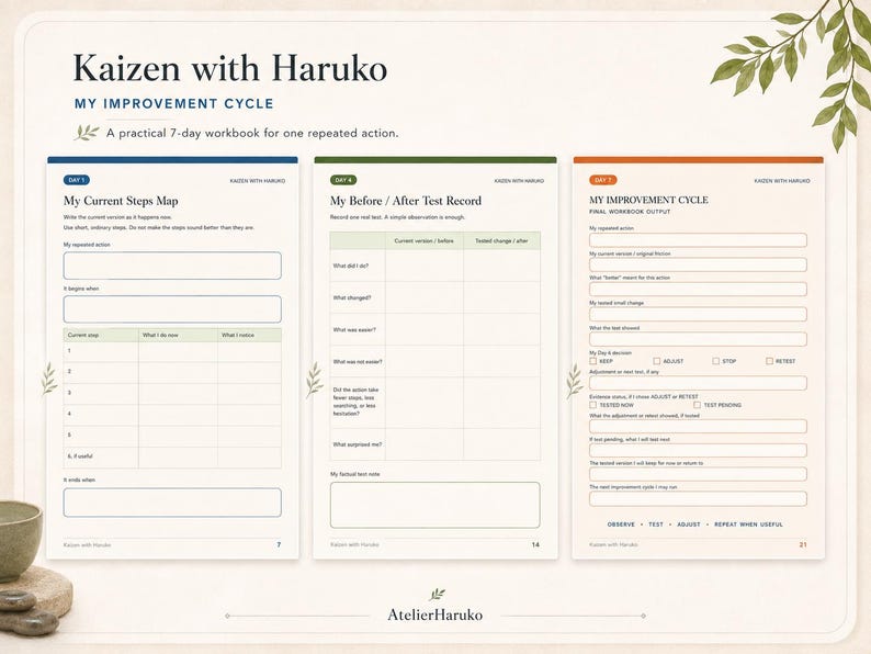 K&ouml;nnte beinhalten: Ein dreiseitiges Arbeitsbuch mit dem Titel Kaizen with Haruko: My Improvement Cycle. Die Seiten haben blaue, gr&uuml;ne und orangefarbene Kopfzeilen mit strukturierten Feldern zur Erfassung aktueller Schritte, Testergebnisse und Endergebnisse.
