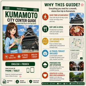 May include: A digital travel guide for Kumamoto City Center featuring an anime-style character in a blue kimono, Kumamoto Castle, and sections detailing local food, AI travel tools, and maps. The guide is available in English and French.