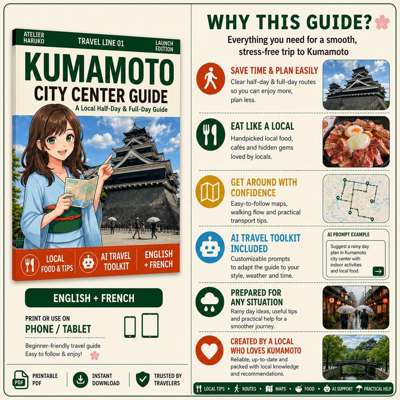 May include: A digital travel guide for Kumamoto City Center featuring an anime-style character in a blue kimono, Kumamoto Castle, and sections detailing local food, AI travel tools, and maps. The guide is available in English and French.