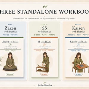 K&ouml;nnte beinhalten: Drei eigenst&auml;ndige Arbeitsb&uuml;cher mit den Titeln Zazen with Haruko, 5S with Haruko und Kaizen with Haruko. Jedes Buch zeigt eine Illustration einer Person in gr&uuml;ner Kleidung mit einem Umfang von 30, 32 bzw. 31 Seiten, pr&auml;sentiert als Set.
