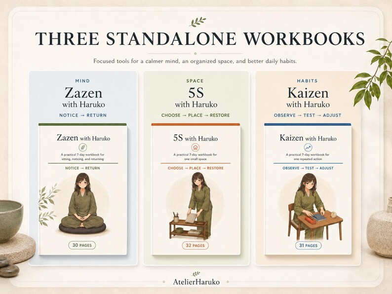 K&ouml;nnte beinhalten: Drei eigenst&auml;ndige Arbeitsb&uuml;cher mit den Titeln Zazen with Haruko, 5S with Haruko und Kaizen with Haruko. Jedes Buch zeigt eine Illustration einer Person in gr&uuml;ner Kleidung mit einem Umfang von 30, 32 bzw. 31 Seiten, pr&auml;sentiert als Set.
