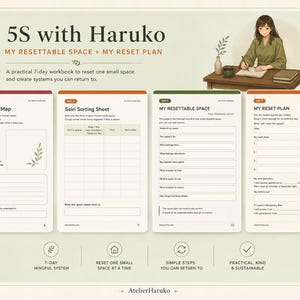 K&ouml;nnte beinhalten: Ein 7-Tage-Arbeitsbuch mit dem Titel 5S with Haruko: My Resettable Space + My Reset Plan. Das Arbeitsbuch enth&auml;lt vier Seiten mit den &Uuml;berschriften: My Before Map, Seiri Sorting Sheet, My Resettable Space und My Reset Plan sowie eine Illustration.