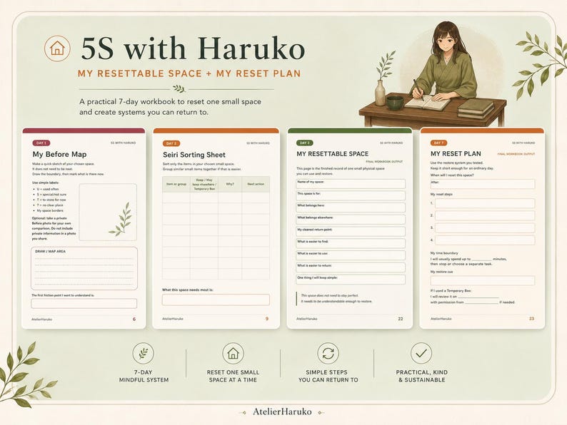 K&ouml;nnte beinhalten: Ein 7-Tage-Arbeitsbuch mit dem Titel 5S with Haruko: My Resettable Space + My Reset Plan. Das Arbeitsbuch enth&auml;lt vier Seiten mit den &Uuml;berschriften: My Before Map, Seiri Sorting Sheet, My Resettable Space und My Reset Plan sowie eine Illustration.