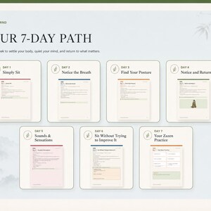 May include: A seven-day meditation guide titled YOUR 7-DAY PATH, featuring seven individual cards labeled Day 1 through Day 7. Each card contains specific mindfulness instructions, including Simply Sit, Notice the Breath, and Your Zazen Practice.