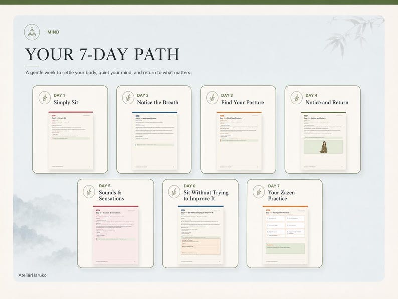 May include: A seven-day meditation guide titled YOUR 7-DAY PATH, featuring seven individual cards labeled Day 1 through Day 7. Each card contains specific mindfulness instructions, including Simply Sit, Notice the Breath, and Your Zazen Practice.