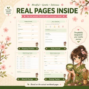 K&ouml;nnte beinhalten: Ein Matcha-Journal mit vier Seitenlayouts: Einkaufsliste, Tagebuch, Stimmungs- und Energie-Tracker sowie Matcha-Verkostungs-Tracker. Das Design enth&auml;lt Kirschbl&uuml;ten-Illustrationen und eine Anime-Figur, die eine Matcha-Schale h&auml;lt.