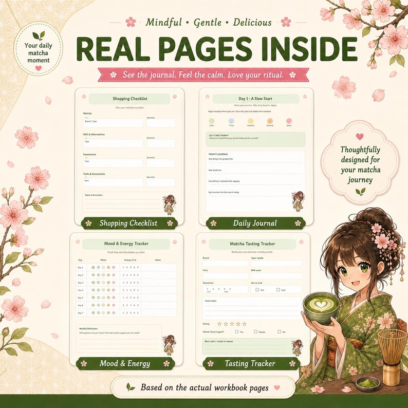 K&ouml;nnte beinhalten: Ein Matcha-Journal mit vier Seitenlayouts: Einkaufsliste, Tagebuch, Stimmungs- und Energie-Tracker sowie Matcha-Verkostungs-Tracker. Das Design enth&auml;lt Kirschbl&uuml;ten-Illustrationen und eine Anime-Figur, die eine Matcha-Schale h&auml;lt.