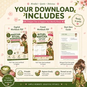K&ouml;nnte beinhalten: Ein digitales Download-Set mit einem Matcha-Ritual-Arbeitsbuch auf Englisch und Franz&ouml;sisch sowie einem Startleitfaden. Die Grafiken zeigen Kirschbl&uuml;ten, eine Figur im gr&uuml;nen Kimono und Matcha-Tee-Motive mit begleitendem Text.