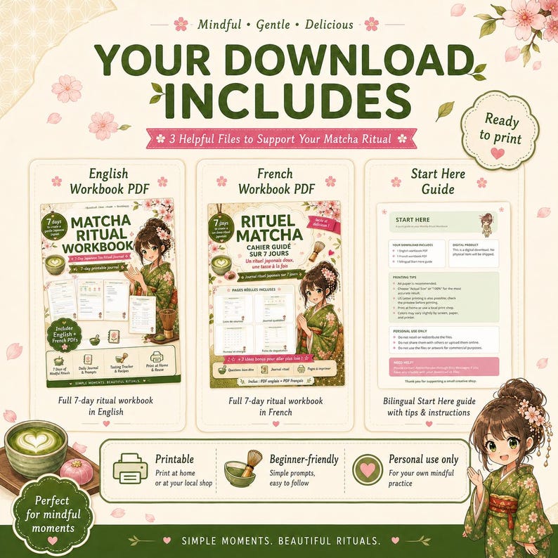 K&ouml;nnte beinhalten: Ein digitales Download-Set mit einem Matcha-Ritual-Arbeitsbuch auf Englisch und Franz&ouml;sisch sowie einem Startleitfaden. Die Grafiken zeigen Kirschbl&uuml;ten, eine Figur im gr&uuml;nen Kimono und Matcha-Tee-Motive mit begleitendem Text.