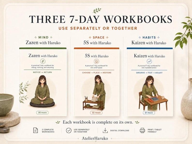 K&ouml;nnte beinhalten: Drei 7-Tage-Arbeitsb&uuml;cher mit den Titeln Zazen with Haruko, 5S with Haruko und Kaizen with Haruko. Jedes Arbeitsbuch enth&auml;lt eine Illustration einer Person in olivfarbener Kleidung, 30, 32 und 31 Seiten sowie Text zur jeweiligen Praxis.