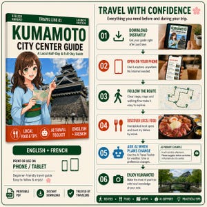 May include: A digital travel guide titled Kumamoto City Center Guide featuring an anime-style character in a blue kimono, a castle illustration, and a six-step infographic detailing features like instant download, mobile access, and AI travel tools.